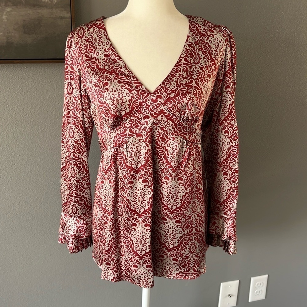 Sundance 100% Silk Satin Damask Top Pleat Cuff Long Sleeve Zip V-Neck Petite